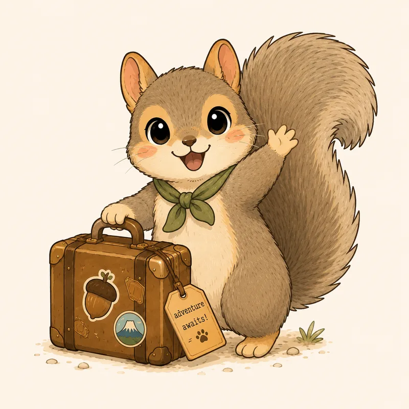Cinnamon, a cheerful squirrel in a green neckerchief, waving beside his sticker-covered travel suitcase