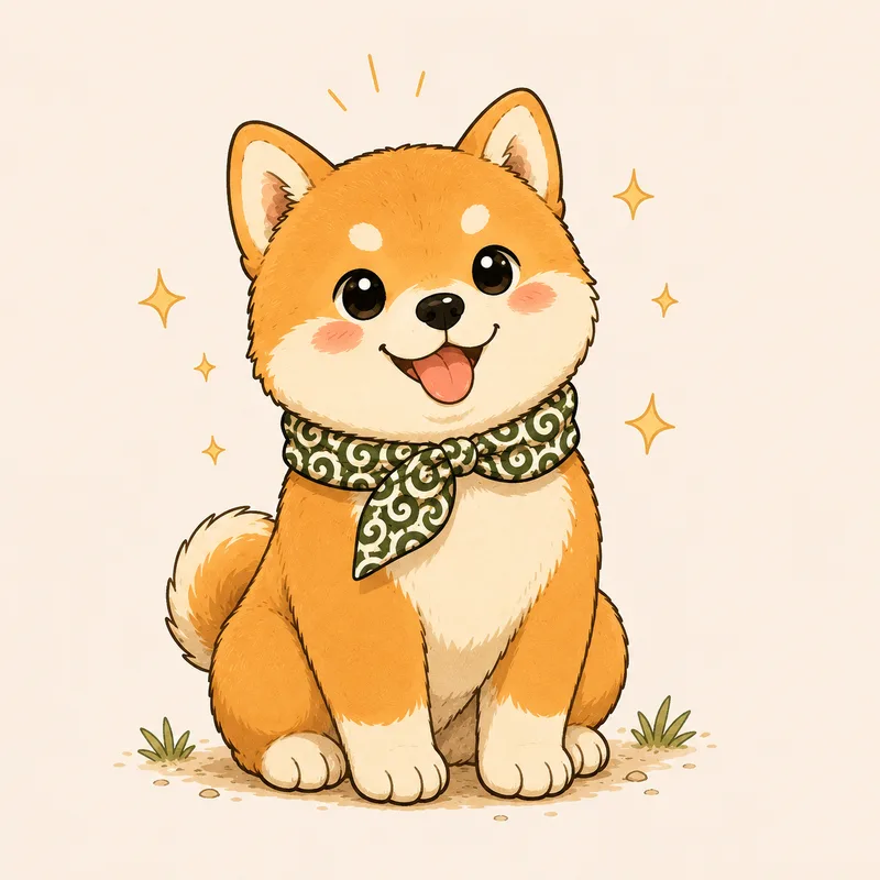 Mon-chan, a smiling Shiba Inu puppy in a green karakusa-patterned bandana, surrounded by sparkles