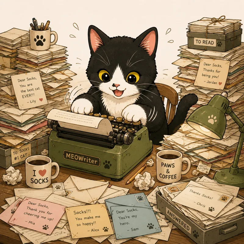 Socks the tuxedo cat at his MEOWriter typewriter, buried in letters